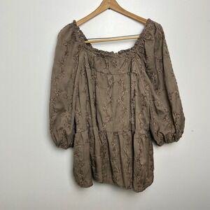 Hayden Woman's Brown Square Neck Tiered Peasant Blouse Puff Sleeve Top‎ 1XL